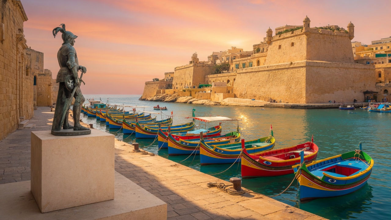 A sunlit harbour with colourful boats moored along a golden quay